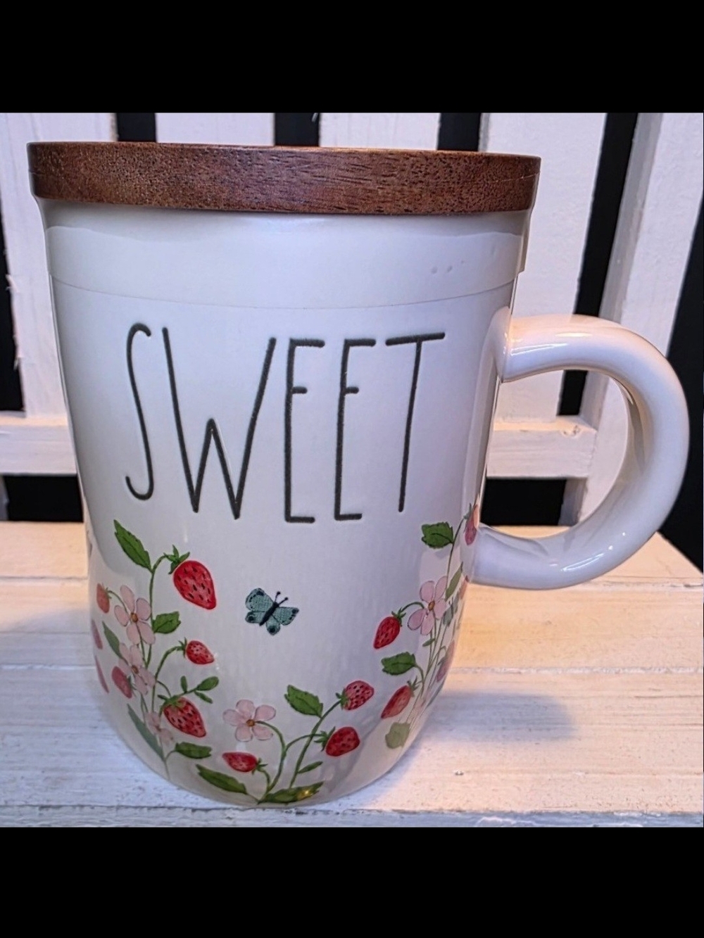 Sweet Floral Strawberry Ceramic Mug with Wood Lid - White
